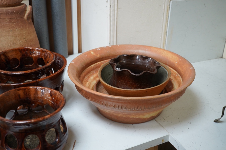 Four Philippa Fawcett College studio pots and a collection of other unsigned studio pottery, largest 34cm in diameter. Condition - mostly good
